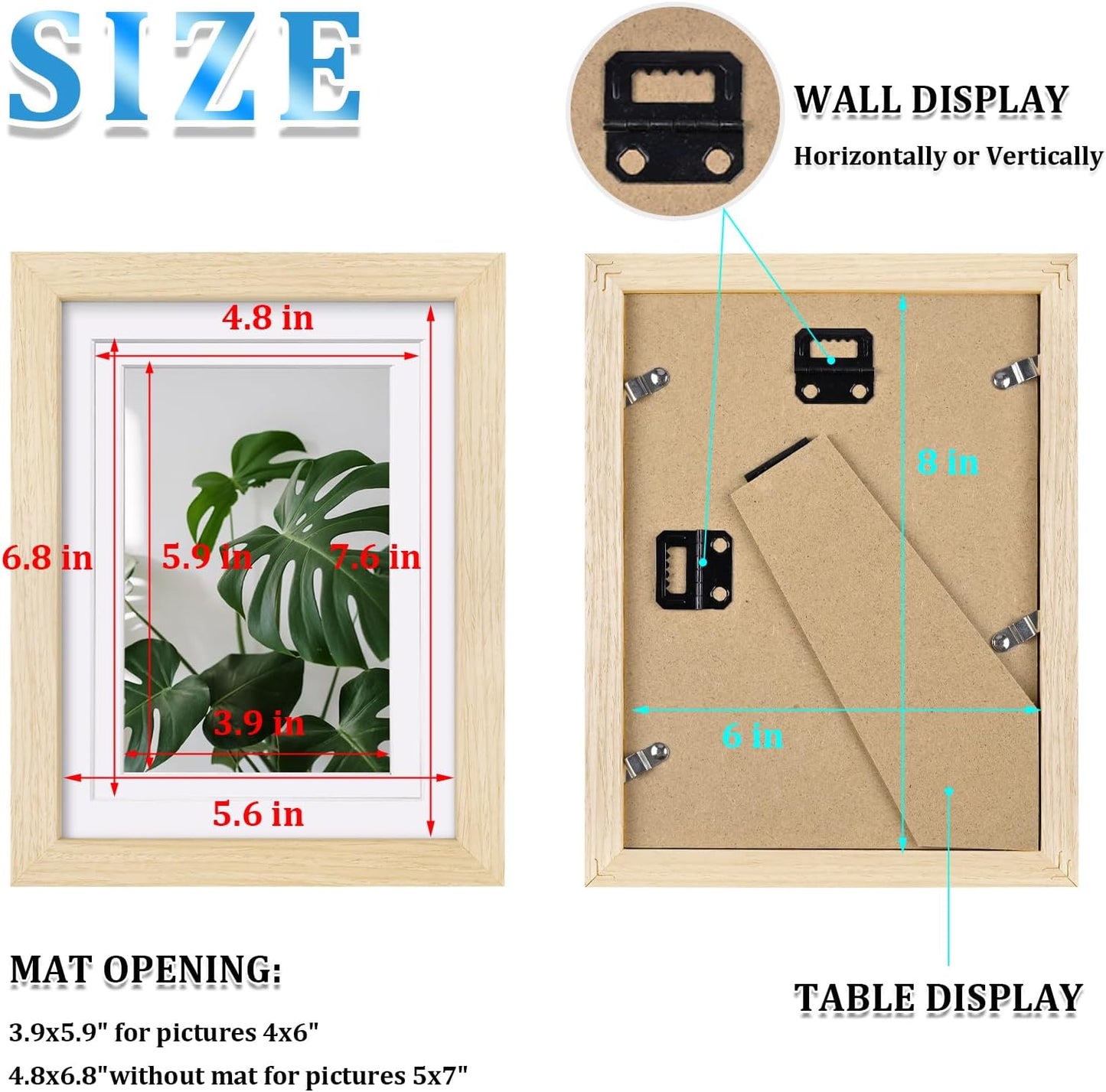 Egofine 6x8 Picture Frames Set of 4, Made of Solid Wood Covered by Plexiglass 4x6 and 5x7 with Mat or 6x8 without Mat, for Table Top Display and Wall Mounting Photo Frame Oak Wood