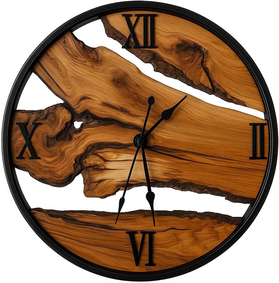 lagom Olive Wood Wall Clock – Large Handmade Silent Wooden Clock with Metal Frame, Rustic Wall Hanging Decor for Living Room, Bedroom, Office – Unique Gift for New Home (Olive Wood, 16 inches)