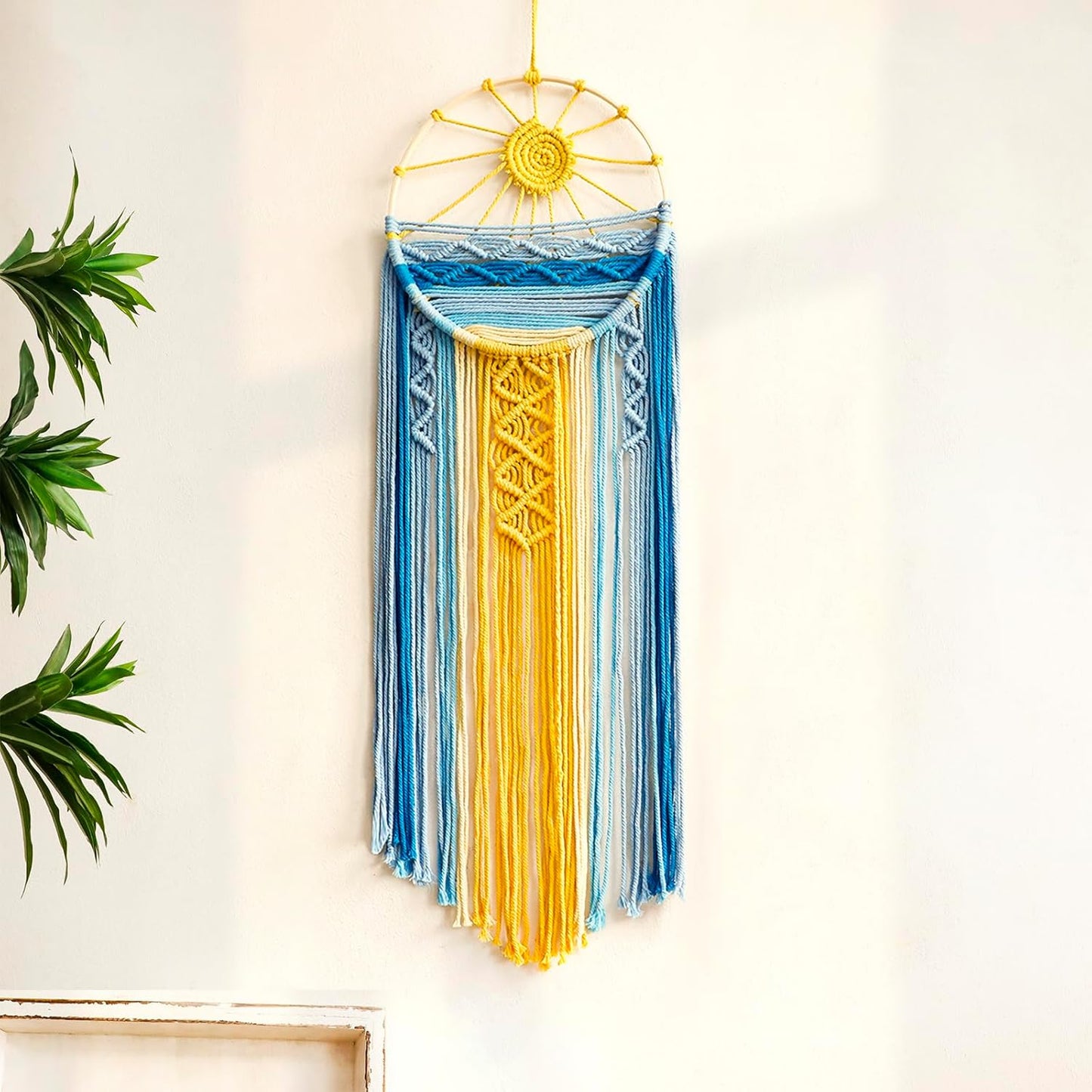 Mcrame Blue Sun Wall Decor Boho Hanging Tapestry Sunburst Wall Art, Rustic Woven Tapestries Big Dream Catcher Sunshine Decor for Bedroom Living Room Nursery (Blue Sunshine)
