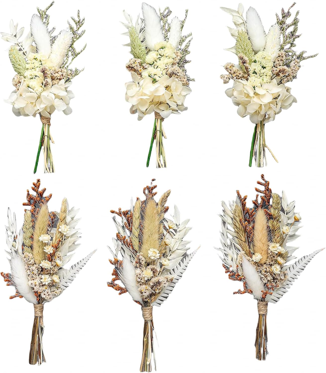 Mini Dried Flower Bouquet Set (6 pcs), Men's Corsage, Party Dinner Plate Decoration, Bridesmaid Flower Girl Proposal Gift Box, Birthday Cake Dried Flower Decoration. (White)