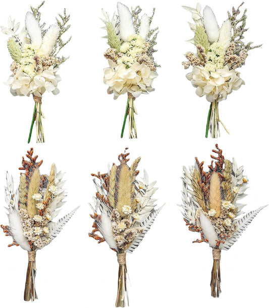 Mini Dried Flower Bouquet Set (6 pcs), Men's Corsage, Party Dinner Plate Decoration, Bridesmaid Flower Girl Proposal Gift Box, Birthday Cake Dried Flower Decoration. (White)
