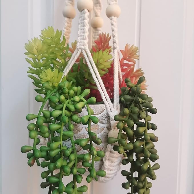 Macrame Plant Hanger 23", Set of 2 No Tassel Hanging Plant Holder Indoor, Sturdy Flower Pot Holder with 4 Hooks - Ivory (Pot NOT Included)