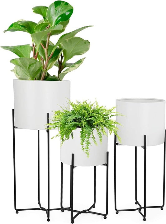 Sinolodo Mid Century Planter with Gold Plant Stand, 3 pcs Modern Planters for Indoor Plants, Metal Floor Planter Set with Foldable Stand(Pack of 3) (White Pot Black Stand, 9''+8''+7'')