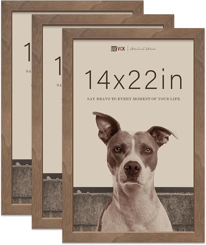 VCK 14x22 Poster Frame 3 Pack - Brown Walnut, Natural Textured Solid Wood Picture Frame, Wall Gallery Frame