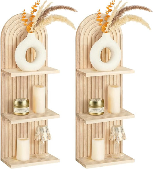 Geetery 2 Pcs Arch Wood Floating Shelf Mid Century Rainbow Wall Shelves Modern Boho Wall Shelf Retro Mounted Wood Arch Decor for Bedroom Living Room Classroom Bathroom Display(3 Tier)