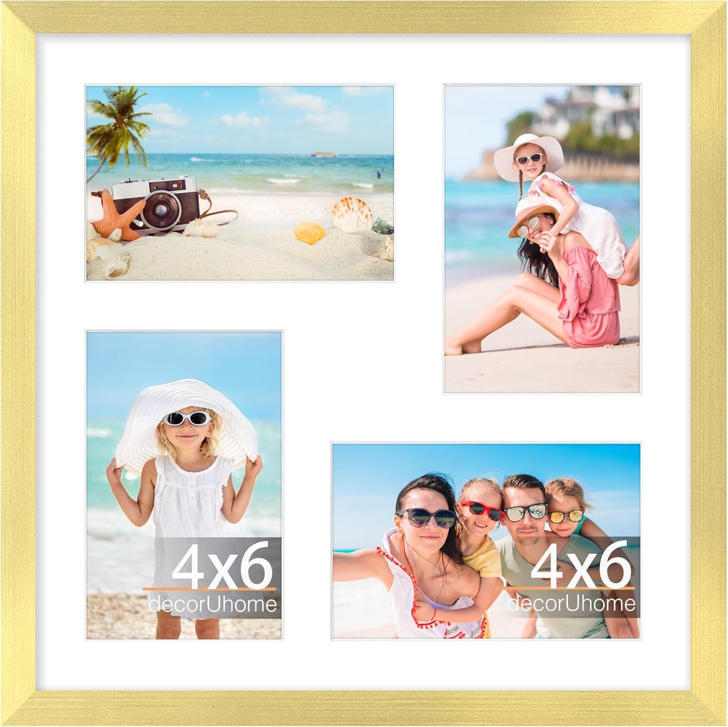 decorUhome 12x12 Picture Frames Collage Wall Decor, Display 4Pcs 4x6 Photos with Mat or 1Pcs 12x12 Unmatted, 4 4x6 Collage Picture Frames for Wall Mounting, Gold