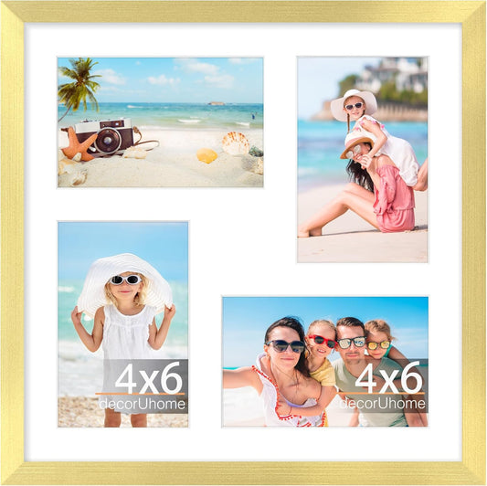 decorUhome 12x12 Picture Frames Collage Wall Decor, Display 4Pcs 4x6 Photos with Mat or 1Pcs 12x12 Unmatted, 4 4x6 Collage Picture Frames for Wall Mounting, Gold
