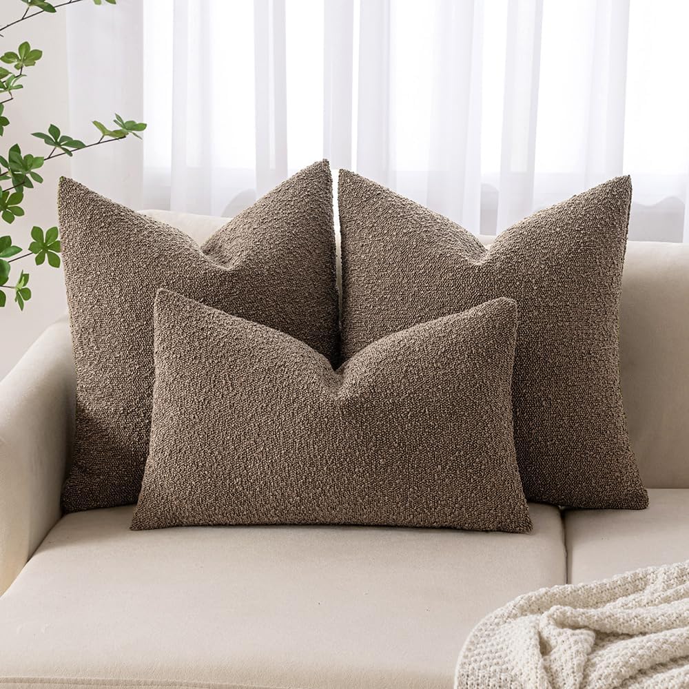 MIULEE 24x24 Decorative Euro Sham Throw Pillows for Bed Set of 2 Textured Boucle Neutral Winter Throw Pillow Covers Dark Brown Accent Solid Vintage Pillowcases Couch Sofa Livingroom Home Decor