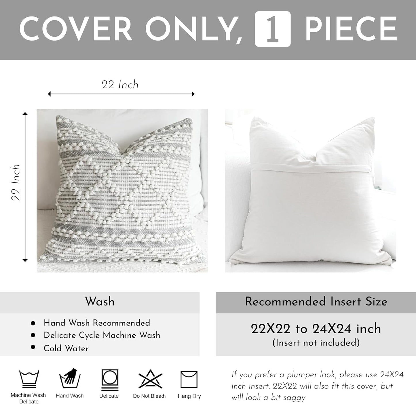 BlissBlush Gray White Decorative Throw Pillow Cover 22X22, Boho Accent Pillow for Couch, Square Modern Farmhouse Pillowcase for Living Room Couch Sofa Cushion Home Décor (Pack of 1)