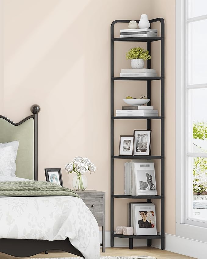 Corner Shelf Stand, Corner Bookshelf, Plant Shelf, Corner Display Rack, Standing Shelf with Metal Frame for Living Room, Bathroom, Kitchen, Industrial Style, 6 Tier Black CS06604B