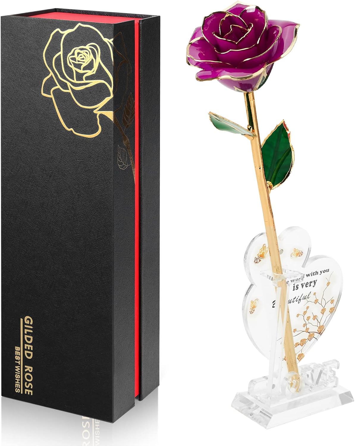 Gold Dipped Infinity Rose Last Forever Flower Decor, Birthday Gift for Women in Her Birthday Mothers Day, Resin Preserved Rose | Anniversary Present for Mom (Purple)