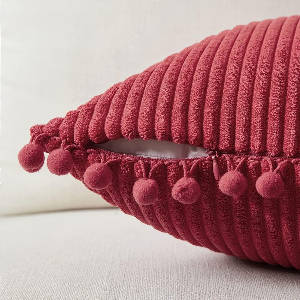 Fancy Homi 2 Packs Christmas Burgundy Decorative Throw Pillow Covers 18x18 Inch with Pom poms, Christmas Home Decor, Soft Corduroy Square Cushion Case for Living Room Couch Bed 45x45 cm