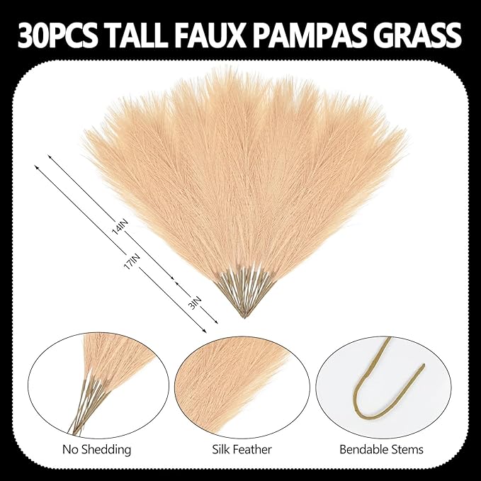 30 Pcs Khaki Faux Pampas Grass, 17 Inches Artificial Pampas Grass Bulk, Short Fluffy Faux Pompas for Vase Filler, Home Boho, Wedding Anniversaries, Baby Shower Decoration