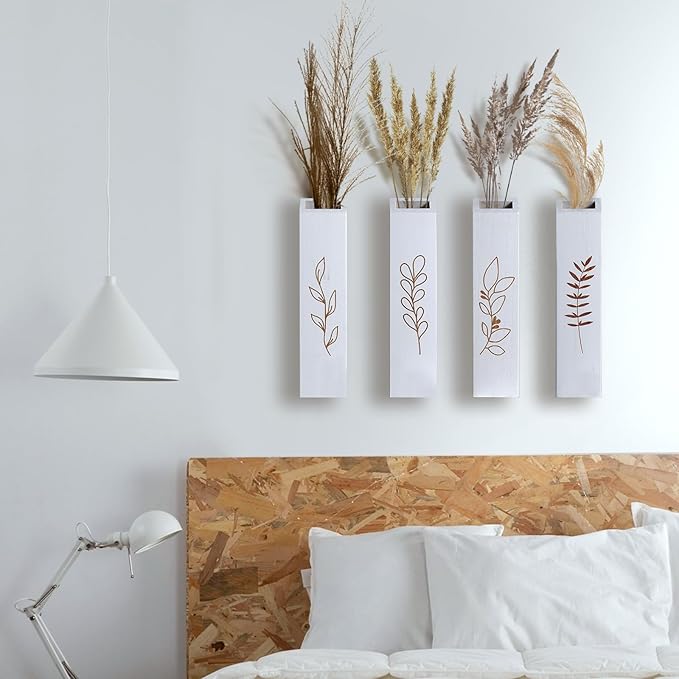 Wood Wall Planter, Farmhouse 4 Pack Indoor Pocket Wall Vases Decor for Living Room Bedroom Dried Flowers Faux Greenery Plants (White)