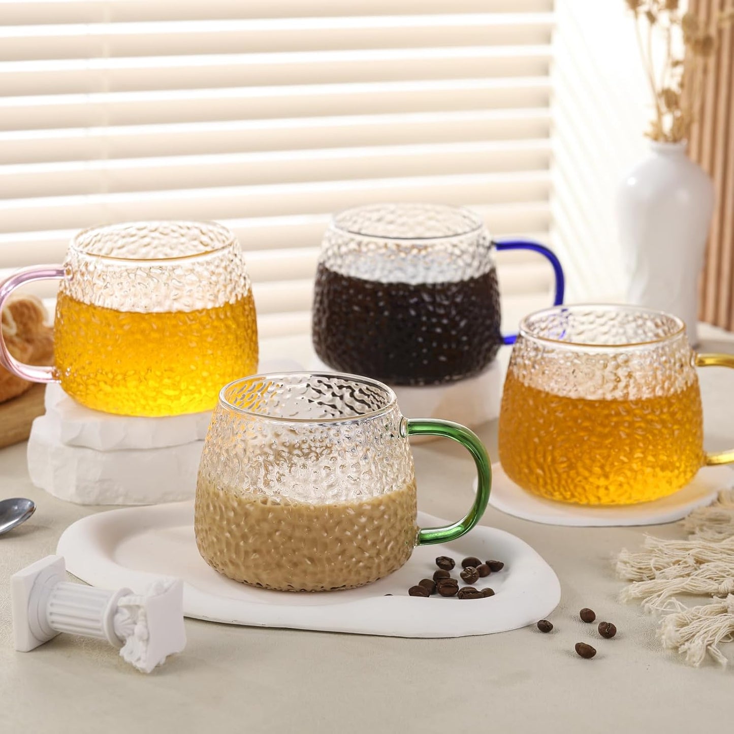 Glass Tea Cups with Colorful Handle Set of 4, Clear Borosilicate Glass Teacups with Hammer Pattern, Large Coffee Mugs for Espresso Cappuccino Latte Juice, 16OZ/480ML