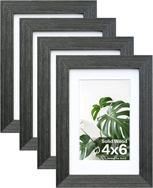 Egofine 4x6 Picture Frames Set of 4, Made of Solid Wood Covered by Plexiglass 3.5x5 with Mat or 4x6 without Mat, for Table Top Display and Wall Mounting Photo Frame Rustic Black