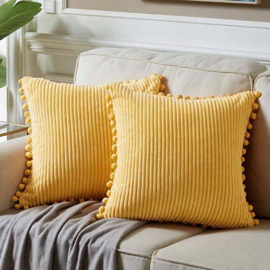 Fancy Homi Pack of 2 Soft Corduroy Decorative Throw Pillow Covers with Pom-poms, Euro Pillow Solid Square Big Cushion Case Set for Couch Sofa Bedroom Car Living Room (24x24 Inch/60x60 cm, Yellow)