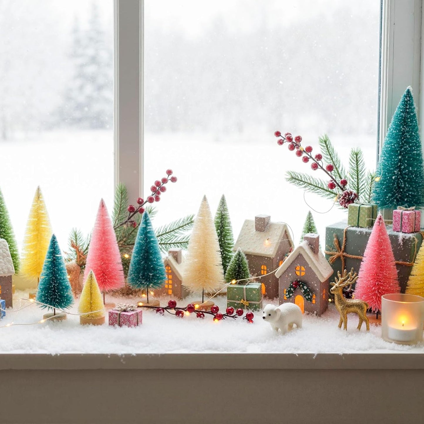 LOVEINUSA 40PCS Colorful Mini Christmas Trees, Snow Frosted Sisal Trees Colored Bottle Brush Xmas Trees with Wooden Base for Xmas Winter Home Table Decoration