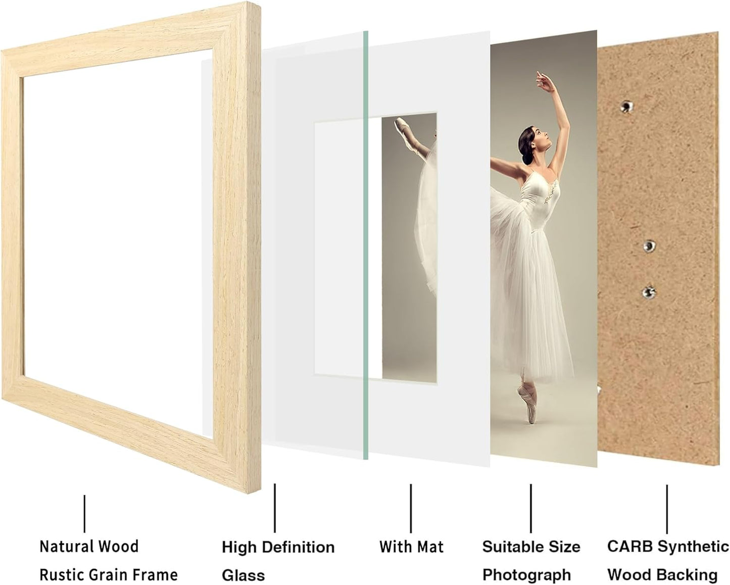 iRahmen 8x10 Picture Frame Set of 2, Wood Photo Frame with HD Real Glass, Display Pictures 5x7 with Mat or 8 x 10 without Mat for Tabletop or Wall Mounting