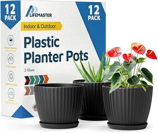 Black 6-Inch Plant Pots with Drainage & Saucers 12 Pack, Indoor & Outdoor Planters for Houseplants, Herbs, and Flowers, Durable & Weatherproof Material, Stackable, Lightweight, Minimalist Design