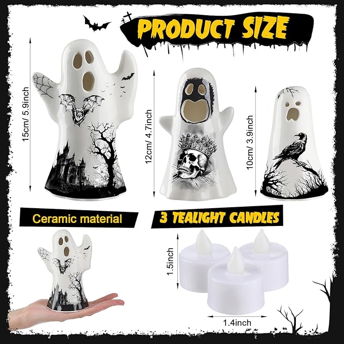 3 Pcs Ceramic Ghost Light up Decor Halloween Spooky Ghost Skull Decorations Indoor Gothic Vintage White Spider Web, Crow Raven Tabletop Decorations for Home Figurines Holiday Party