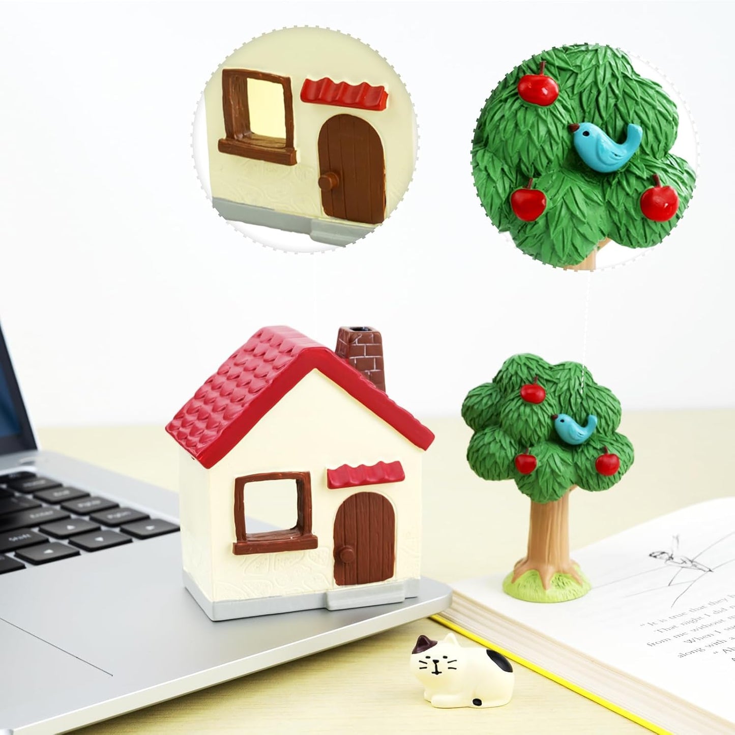Mini Cat Cottage Decor Set - Resin House with Apple Tree and Kitten Figurine, Cute Desk Ornaments for Home Office Shelf Decor, Unique Gift for Cat Lovers