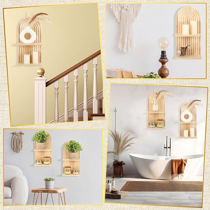 Geetery 2 Pcs Arch Wood Floating Shelf Mid Century Rainbow Wall Shelves Modern Boho Wall Shelf Retro Mounted Wood Arch Decor for Bedroom Living Room Classroom Bathroom Display(2 Tier)