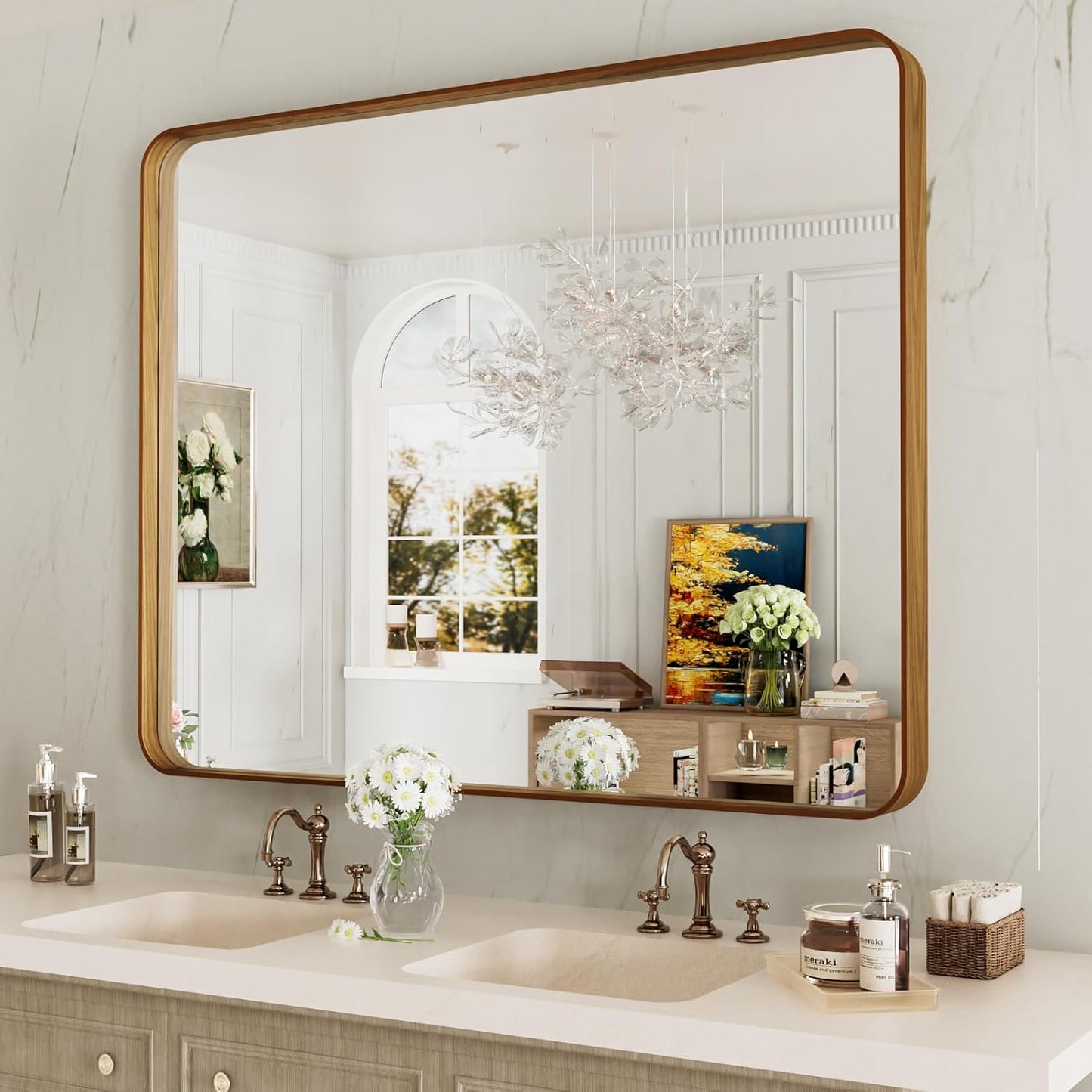LOAAO 40X32 Inch Bathroom Mirror with Wood Grain Colored Metal Frame, Rounded Rectangle Metal Framed Bathroom Mirror, Anti-Rust, Hangs Horizontally or Vertically, Tempered Glass