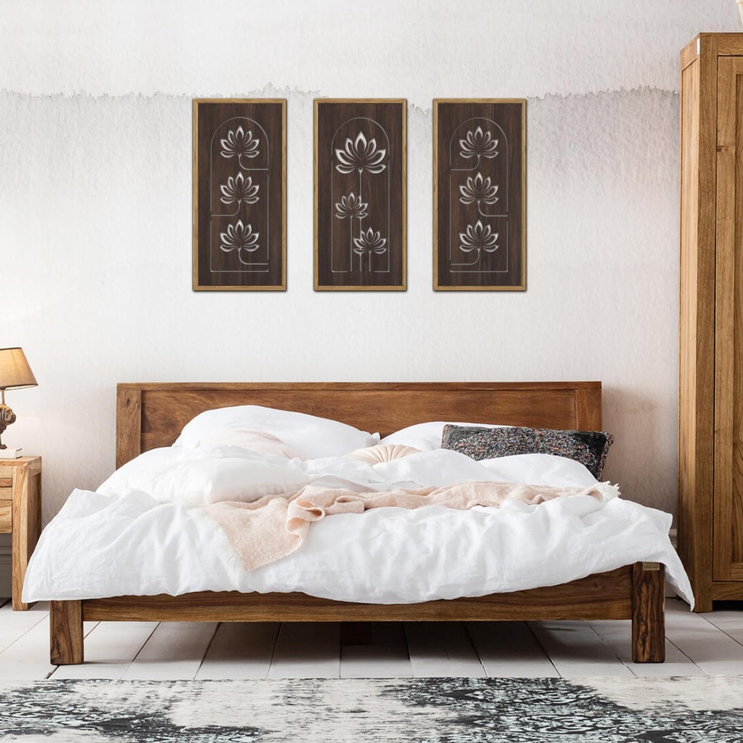 KAIRNE Lotus Wooden Wall Art,Vintage Farmhouse Room Decor,Set of 3(16” X 8”),Framed Mandala Lotus Flowers Wall Decor,Brown Retro Wood Hanging Board for Living Room yoga room Office Decoration