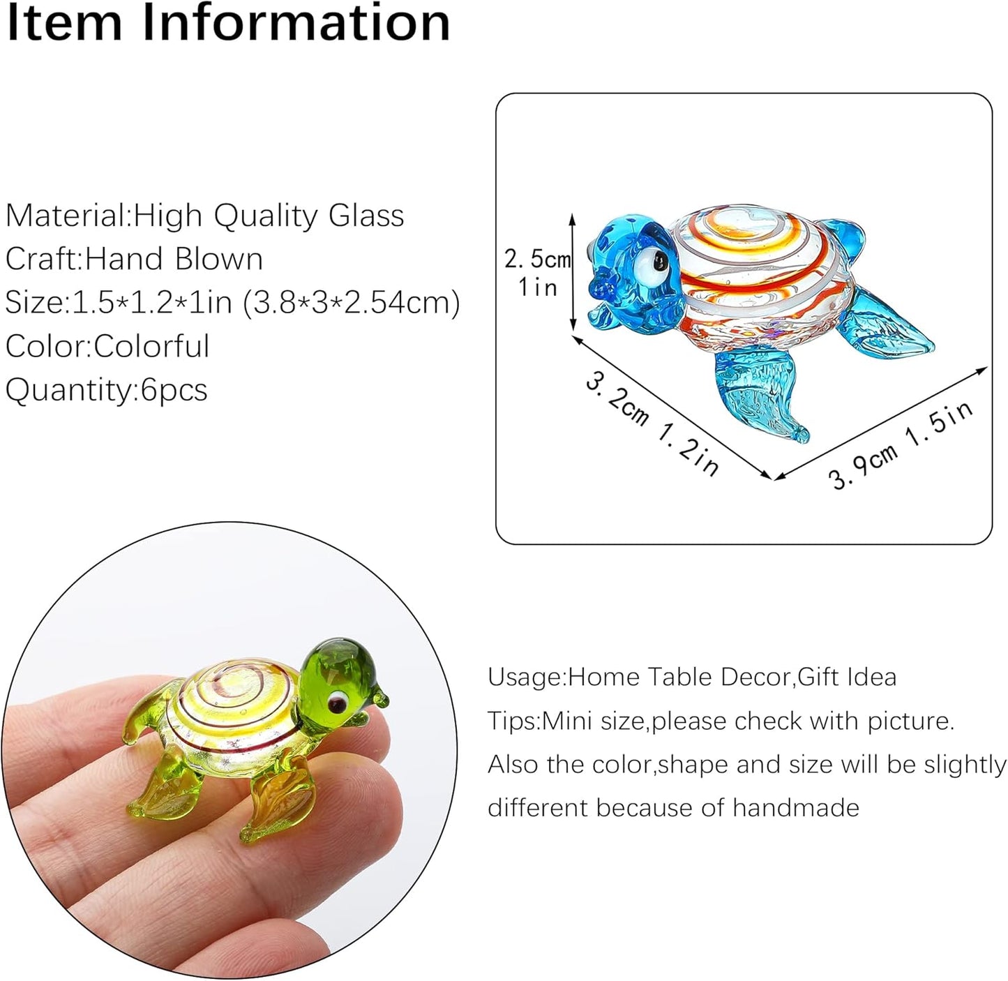 HDCRYSTALGIFTS Set of 6 Handmade Mini Sea Turtle Figurines Hand Blown Sea Animal Collectibles Ornament Art Glass Miniature Decor