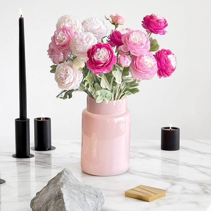 BLOFLO Pink Glass Vase, 9 Inch Large Glass Vase for Flowers, Modern Thick Glass Flower Vases for Centerpieces, Decorative Glass Cylinder Hydroponic Vase for Wedding, Home, Office (Pink, 9Inch)