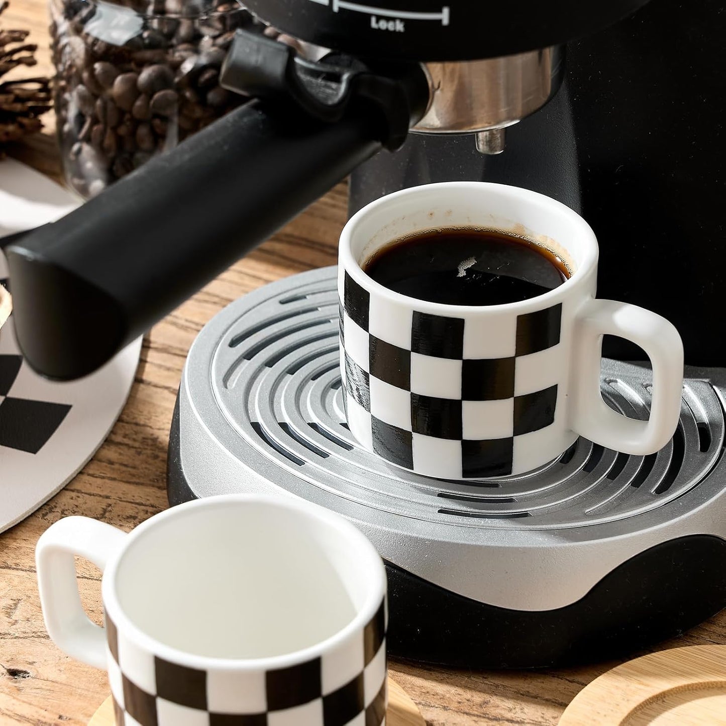 LUKA Porcelain Stackable Black and White Checkered Espresso Cups with Saucers and Metal Stand, 4 Ounce Small Ceramic Demitasse Cups Set for Coffee Drinks, Latte, Tea - Set of 4, White Interior