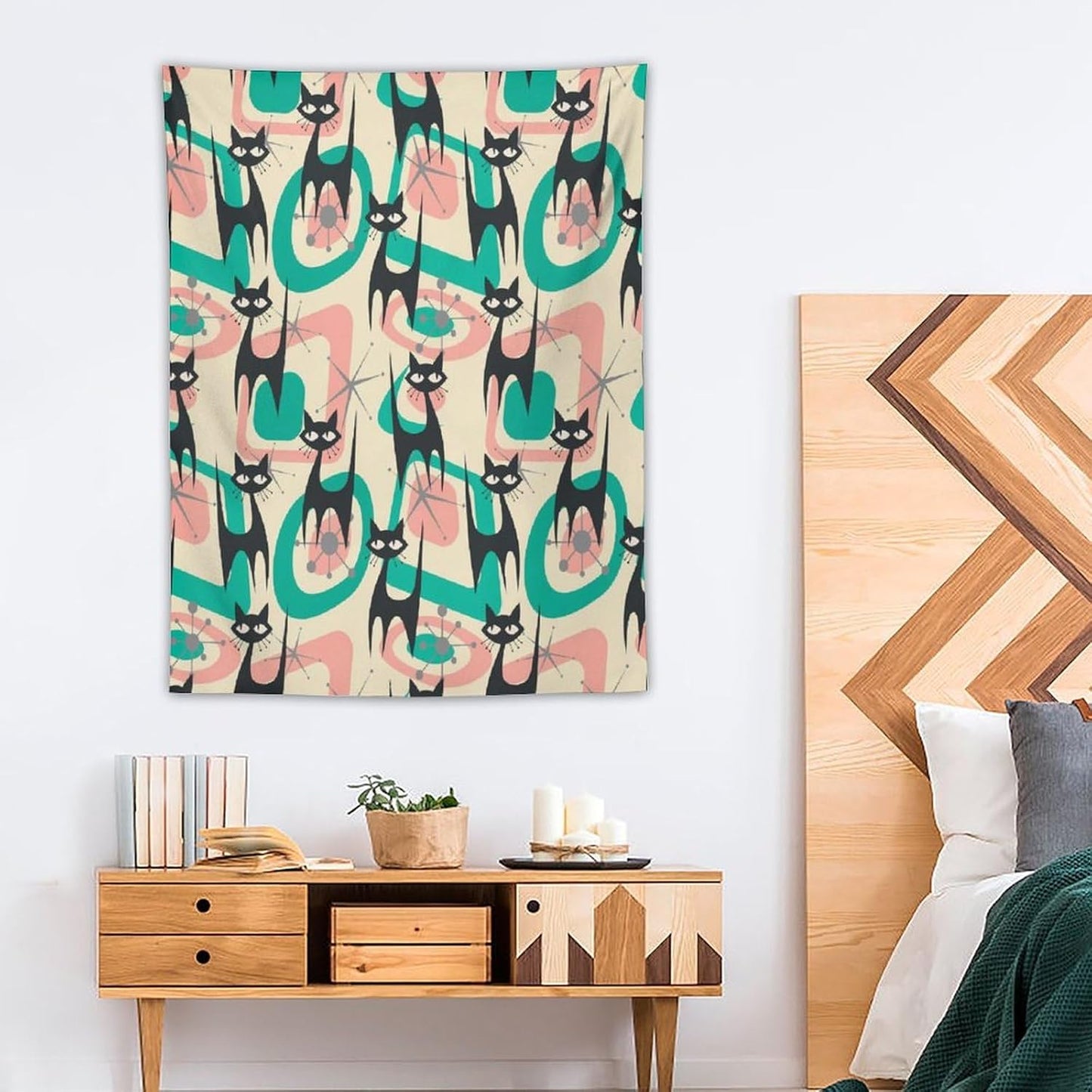 ICMOLYYENLO Boho Medieval Cat Tapestry, Abstract Atomic Starburst Geometric Aesthetic Art Wall Hanging For Bedroom Living Room Dormitory 60x80 Inches