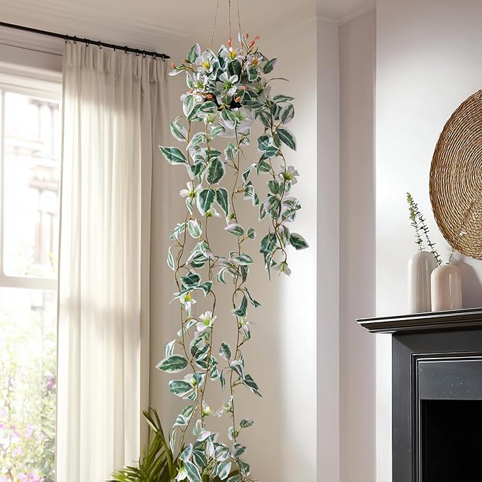 2PCS Artificial Hanging Plant with Pot Faux Hanging Plants Small Hanging Plants Pot with Artificial Vines and Flower Greenery Decoration for Living Room Wall Home Wall Shelf