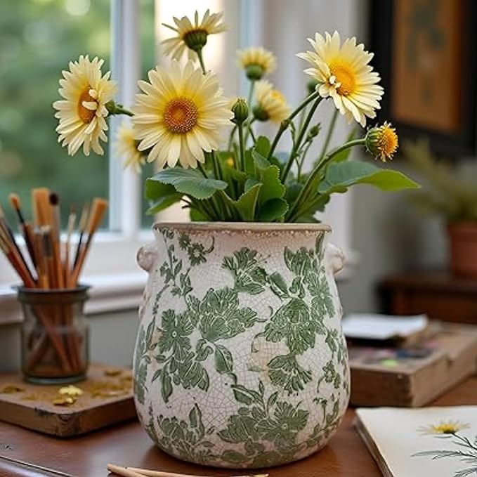 Vintage Green and White Ceramic Floral Vase Planter, Rustic Crackle Glaze Pottery Jar, Hand-Painted Floral Pot Design for Flowers or Plants, Farmhouse & Cottage Home Decor Accent