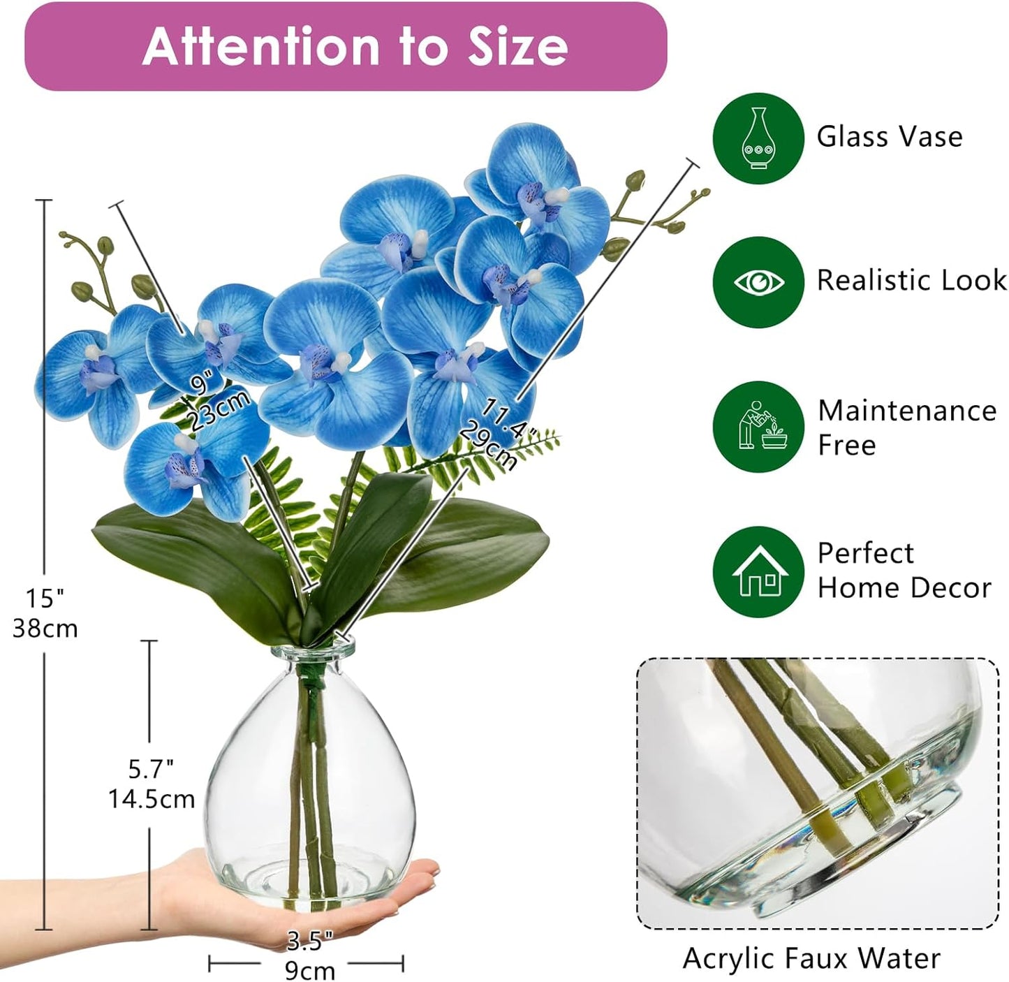 Blue Orchids Artificial Flowers, Faux Orchid in Glass Vase Real Touch Small Phalaenopsis Orchid Flowers Arrangements with Clear Vase Orchid Centerpiece for Dining Room Table
