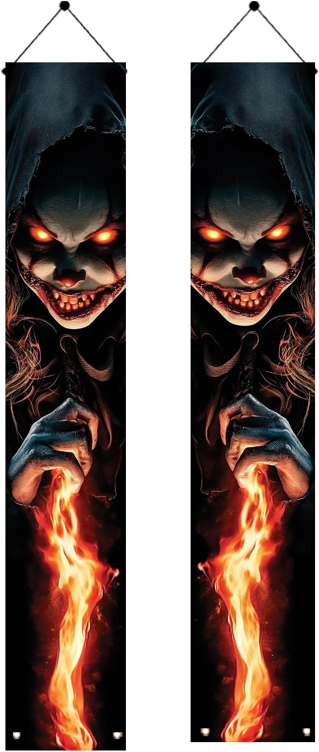 2PCS Halloween Porch Banner Scary Evil Clown Vertical Hanging Decorations for Front Door Outdoor Haunted House Door Sign Spooky Party Wall Decor Trick or Treat Entrance Backdrop 71 x 12 Inch