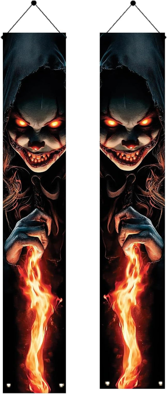 2PCS Halloween Porch Banner Scary Evil Clown Vertical Hanging Decorations for Front Door Outdoor Haunted House Door Sign Spooky Party Wall Decor Trick or Treat Entrance Backdrop 71 x 12 Inch