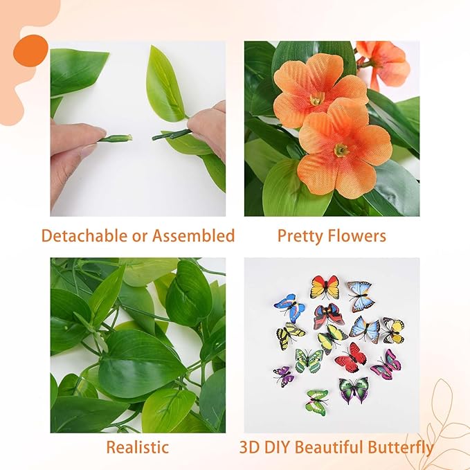 BLEUM CADE Artificial Hanging Flowers for Outdoors, 4pcs Fake Hanging Plants Pothos Vines with Orange Flowers for Wall Home Living Room Indoor Outdoor Fall Decor (No Baskets)