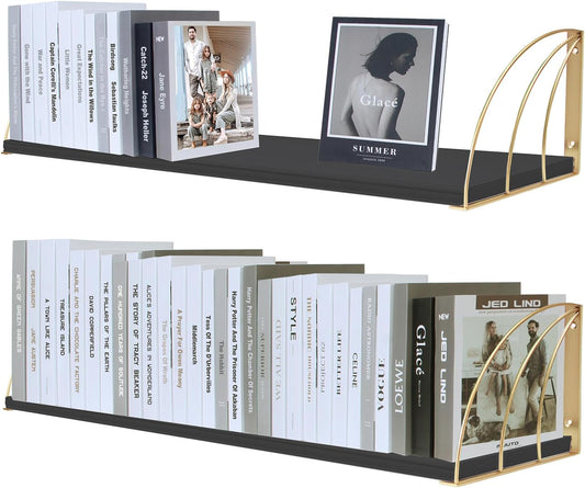 Long 36 inch Black Floating Shelves for Wall - Curved Fan-Shaped Design with Built-in Anti-Slip Book Stops|0.71" Thicker Heavy Duty Wall Bookshelf|Back Gold Shelves for Books, Home Décor Set of 2