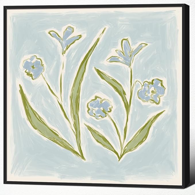 Tulip Flower Canvas Wall Art, Blue and Green Floral Aesthetic Poster, Watercolor Chinoiserie Art Print, Coastal Grandma Grandmillennial Botanical Picture Painting for Wall 12x12in Wrapped Canvas