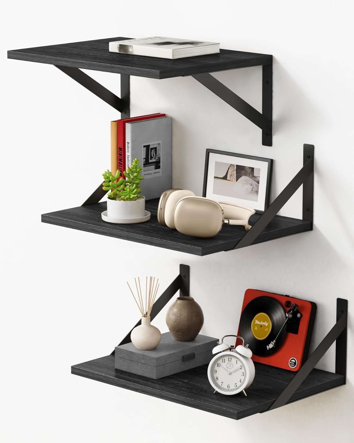 Forbena 12 Inch Deep Floating Shelves for Wall, Wide Black Wall Mounted Shelves for Bedroom Office Books Plants, Large Hanging Shelf for Living Room Bathroom Kitchen Closet Pantry Storage (3-Pack)