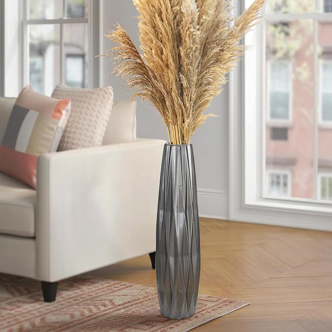 Silvery Ceramic Tall Floor Vase,24 Inch Large Modern Flower Vases for Home Décor,Wicker Big Floor Vase Decorations for Farmhouse, Living Room,Bedroom,Standing Plastic Vase Decorative Tall