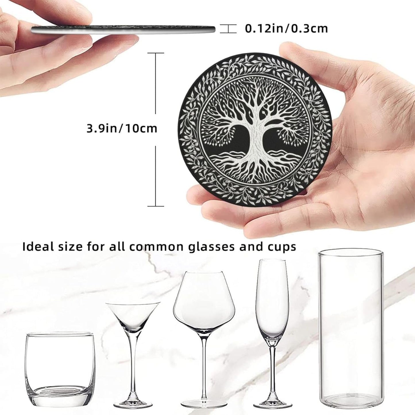 Drink Coasters with Holder Stand Set of 6, Tree of Life Stamp Pu Leather Absorbent Coasters with Cork Base Table Coaster Round for Housewarming Apartment Kitchen Bar Decor