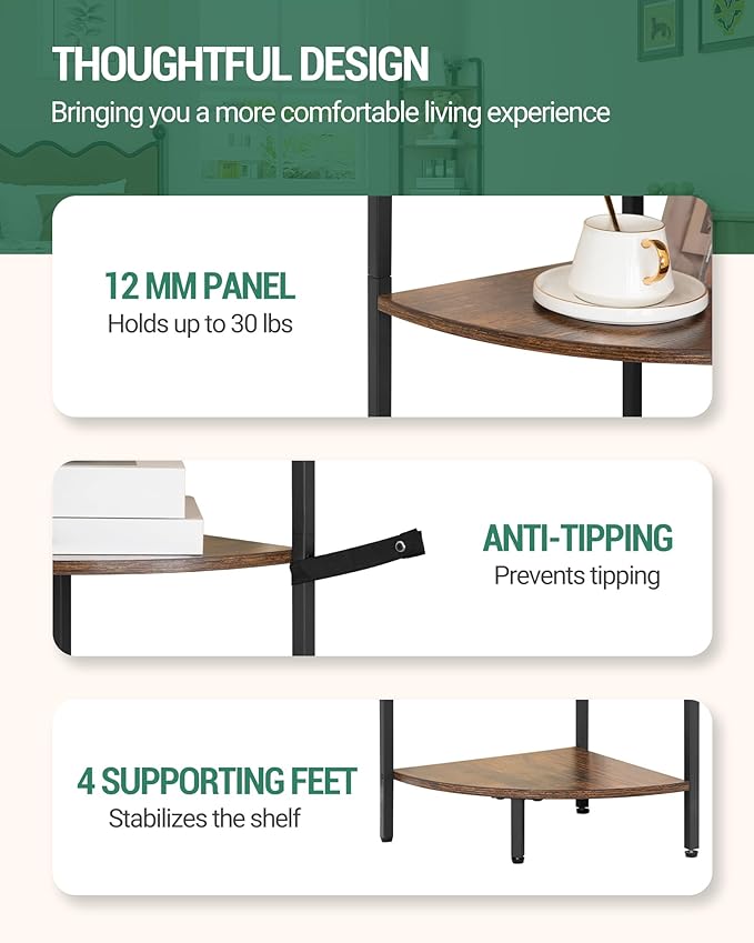 Corner Shelf Stand, Corner Bookshelf, Plant Shelf, Corner Display Rack, Standing Shelf with Metal Frame for Living Room, Bathroom, Kitchen, Industrial Style, 6 Tier Rustic Brown CS06601B