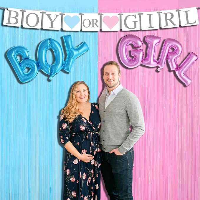 4 Pack Macaron Pink Blue Foil Fringe Curtain Backdrop, 3.28Ft x 9.8Ft Metallic Tinsel Foil Fringe Streamers for Photo Booth, Wedding Gender Reveal Backdrop Boy or Girl Birthday Party Decoration