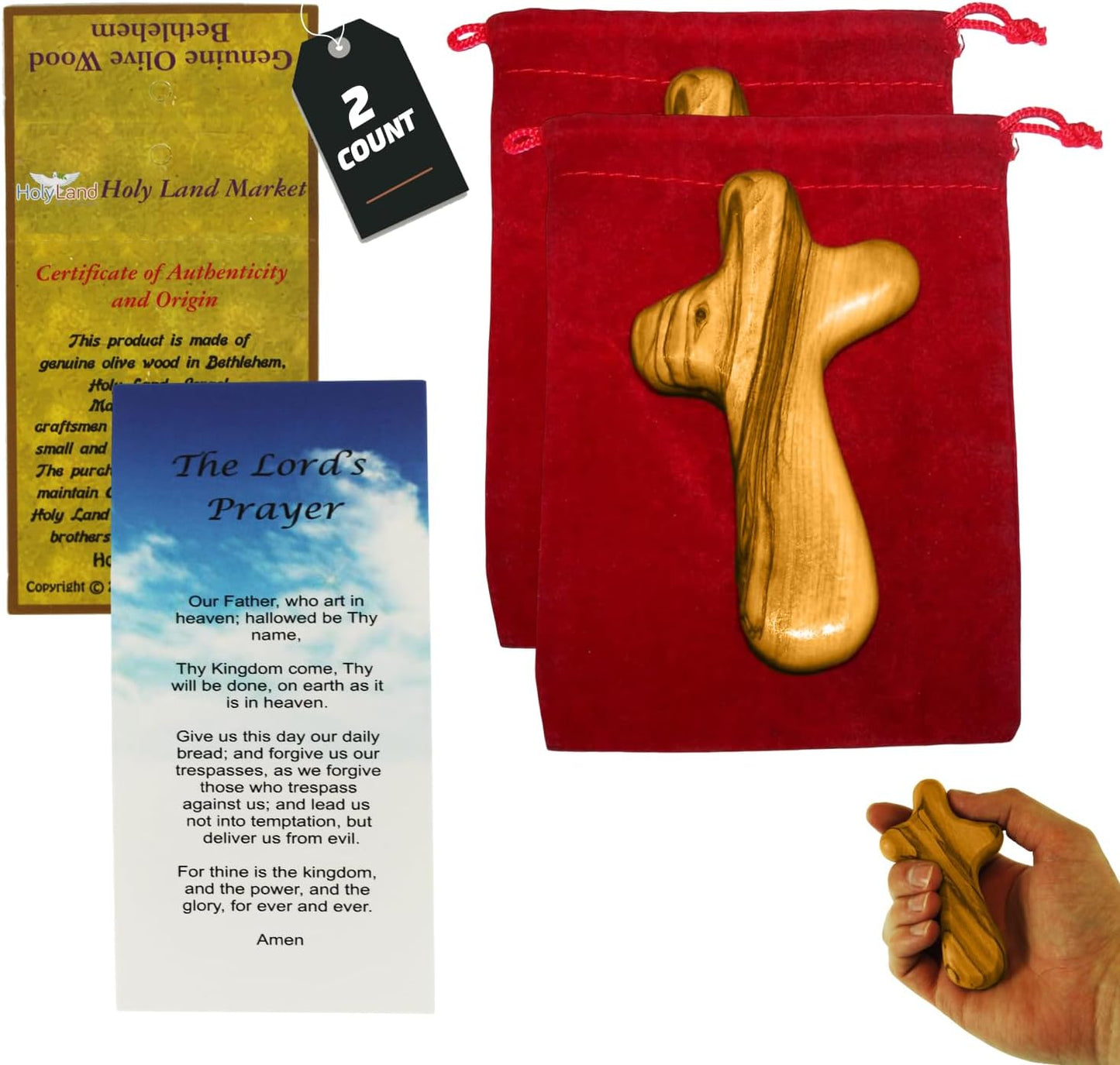 Holy Land Market Wooden Hand Cross - Olive Wood Comfort Cross, Palm Sized with Velvet Bag & Certificates (4 in) (2 Packs)