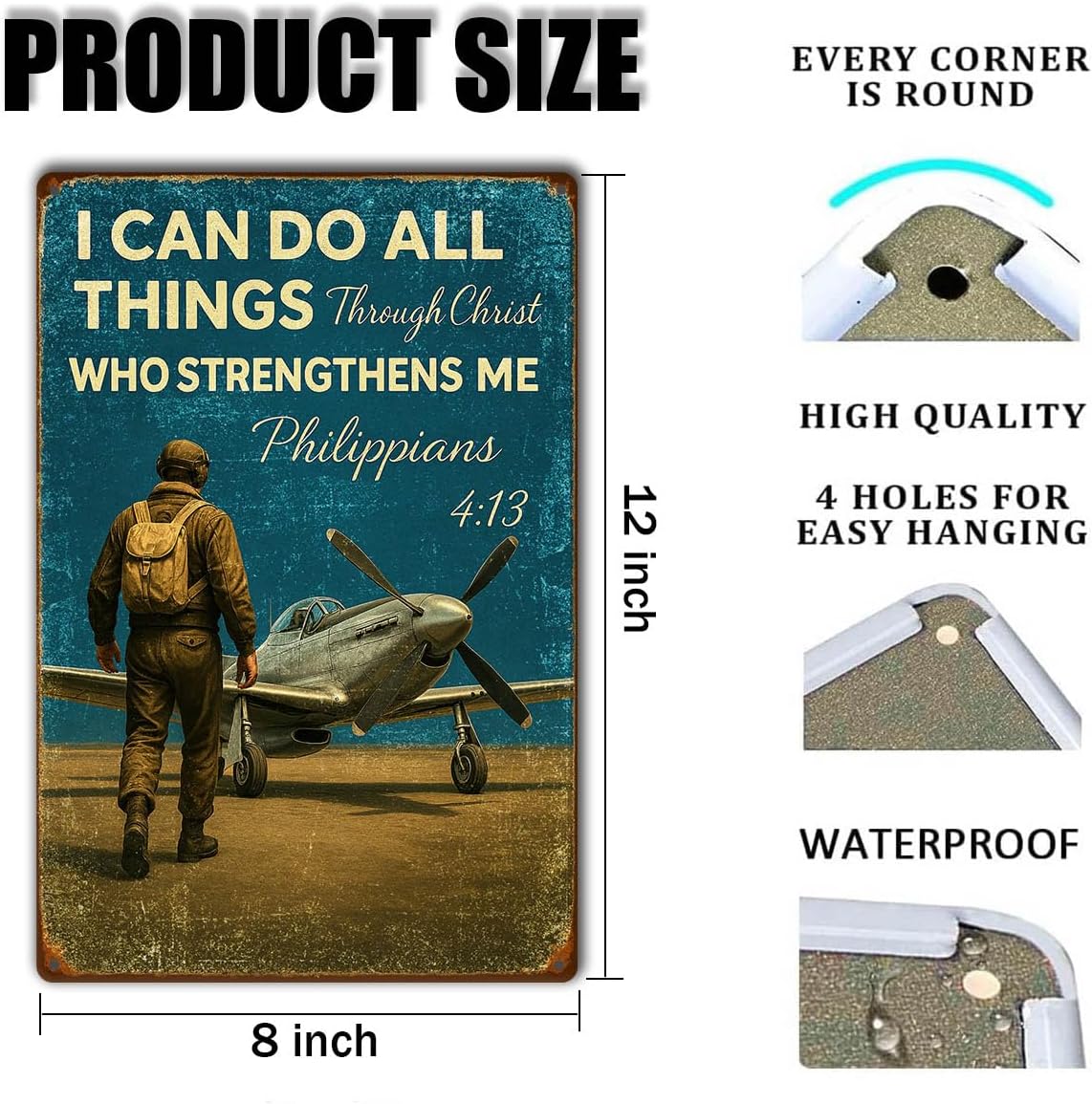 Inspirational Vintage Airplane Wall Decor – “I Can Do All Things Through Christ” Retro Tin Sign for Boys Room, Aviation Lovers, or Man Cave – 8x12 Inch Christian Metal Wall Art