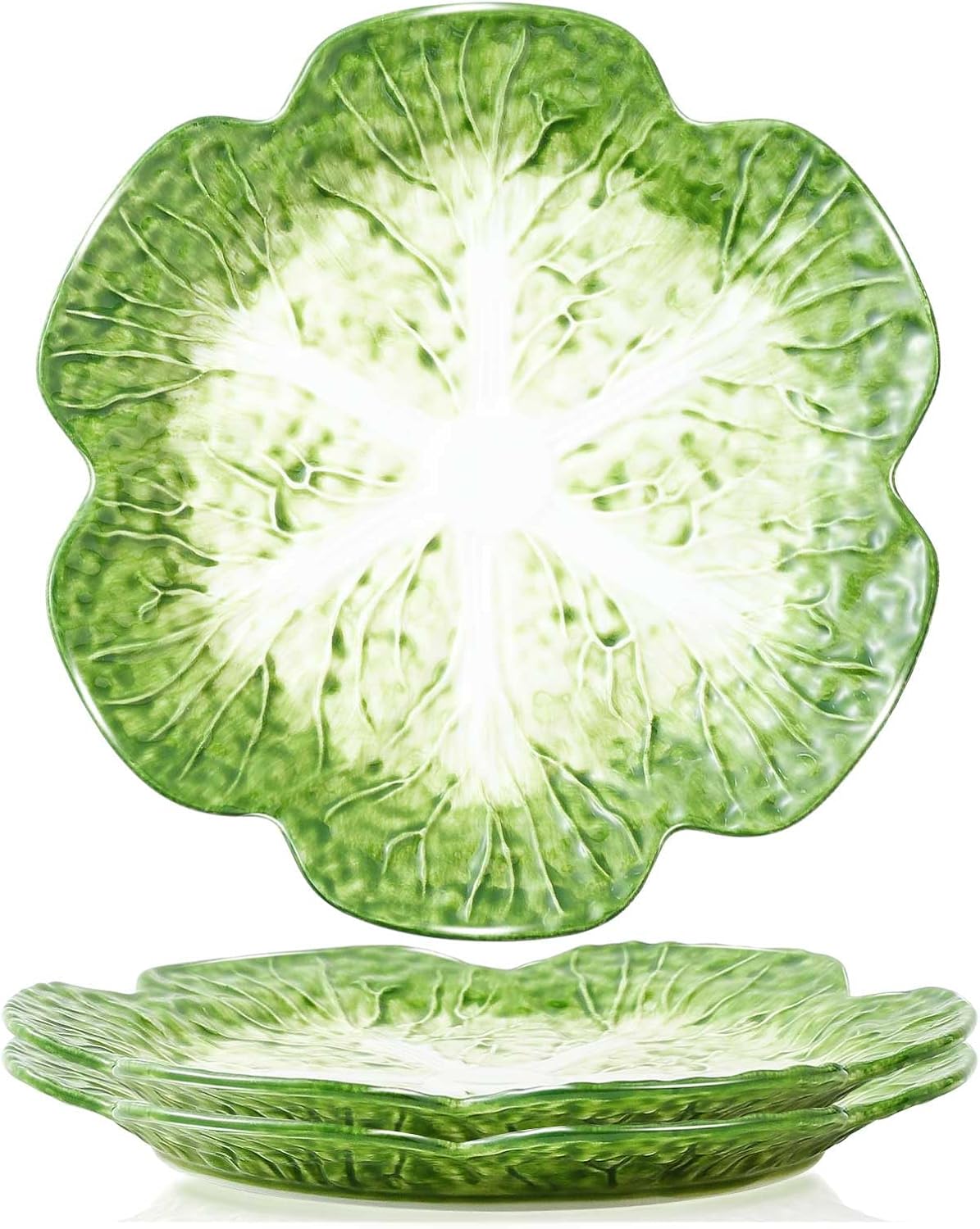 KXZ 2 Pcs of Cabbage Plates, Green Ceramic Salad Plate, 10.5 Inch Porcelain Decorative Plates for Kitchen, Round dishware for Dessert, Decorative, Dinner, Pancakes, Microwave & Dishwasher Safe