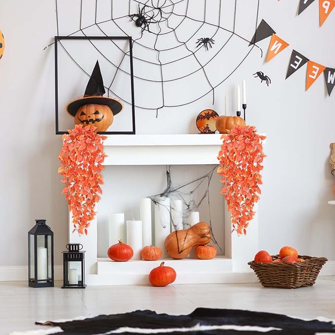 BLEUM CADE Fake Hanging Plants, 2pcs Artificial Hanging Plant, Faux Orange Vines Hanging Plant for Wall Home Living Room Indoor Outdoor Fall Decor (No Baskets)